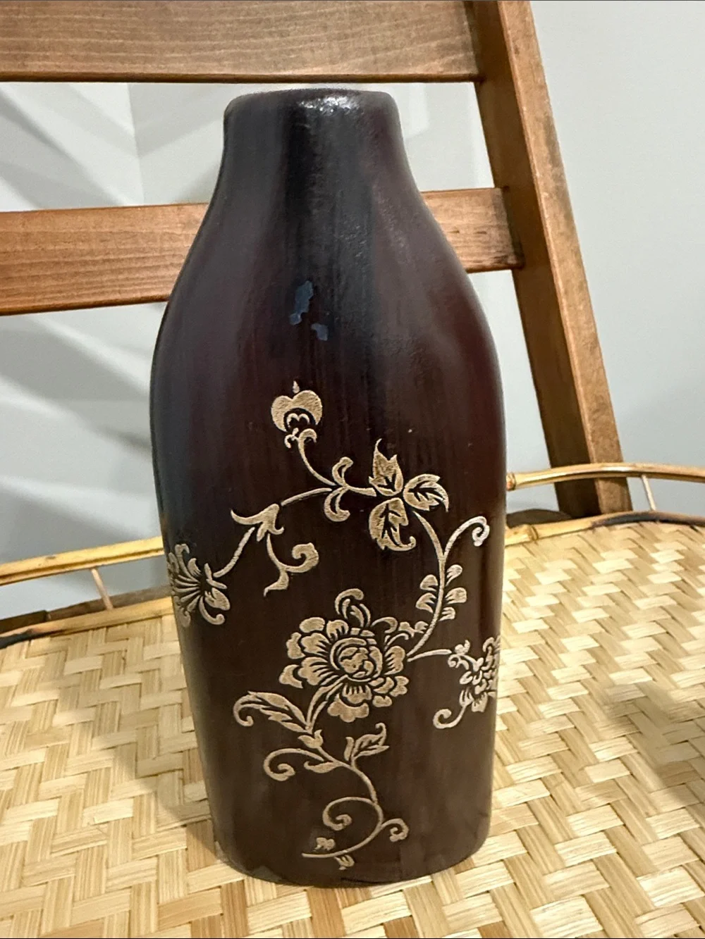Vintage Faux Wood Grain Ceramic Vase Set Brown & Olive Green Gold Floral Boho MC
